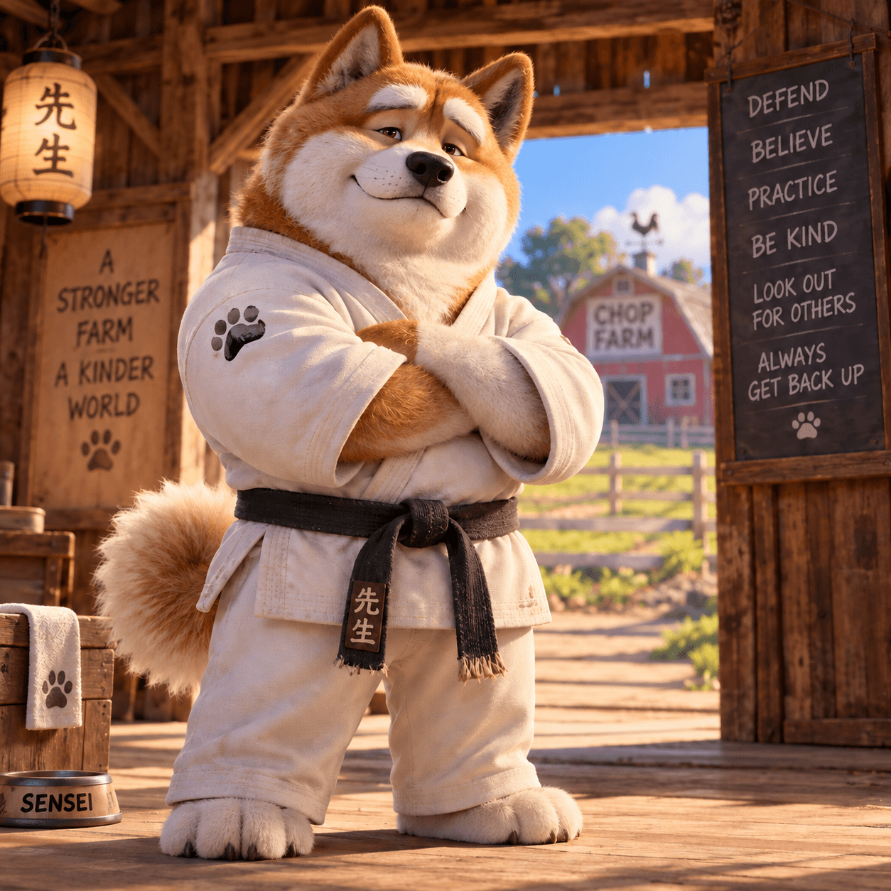 Sensei, an Akita in a white karate gi and black belt