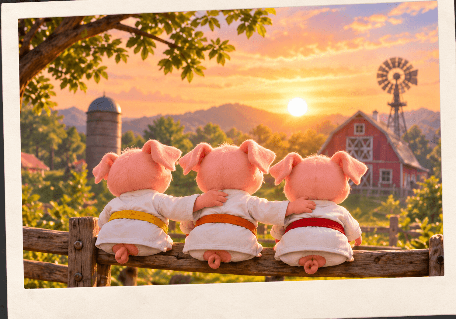 The three little pigs looking over their farm at sunset