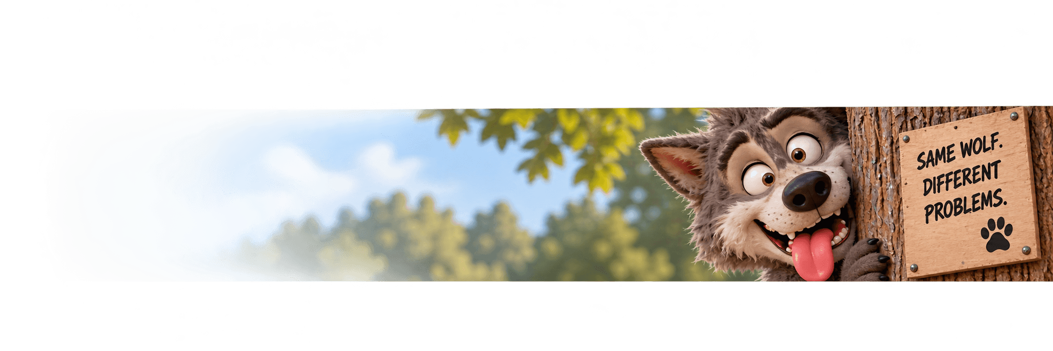 Wolfie peeking around a tree beside a sign reading Same wolf. Different problems.